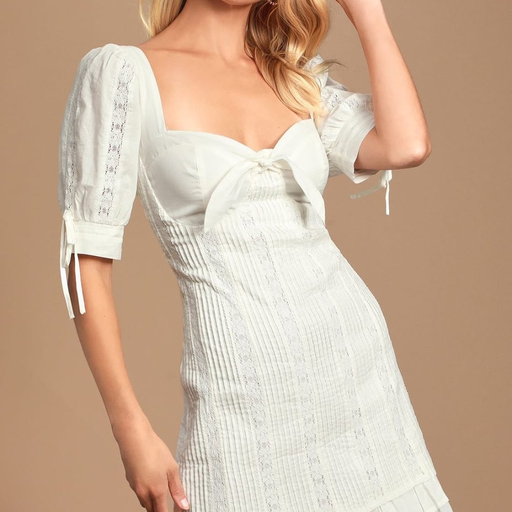 Lulus White Tie-Front Pleated Lace Mini Dress, M